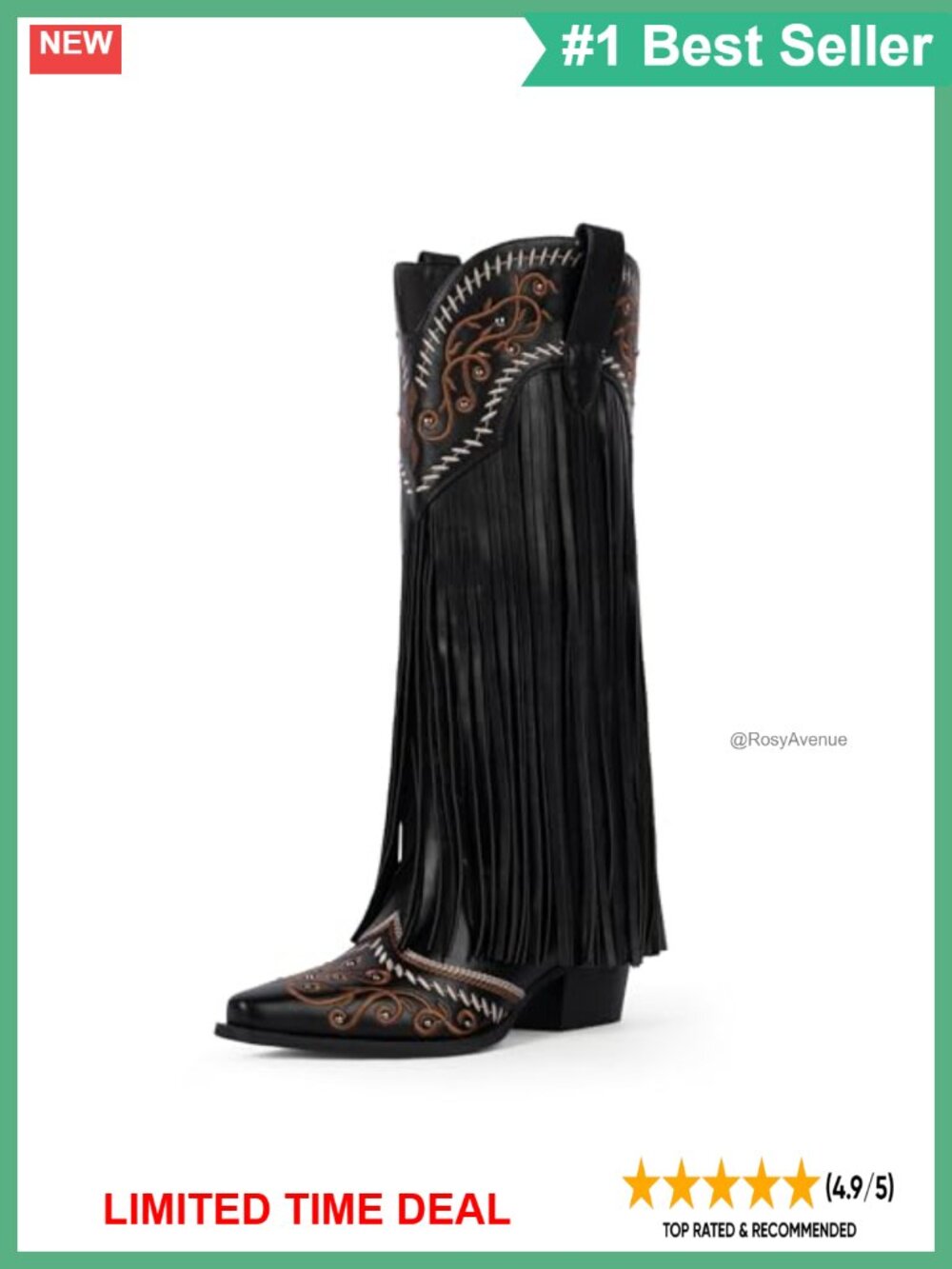 Knee High Cowboy Boots Pointed Toe Chunky Heel Western Fringe Faux Leather